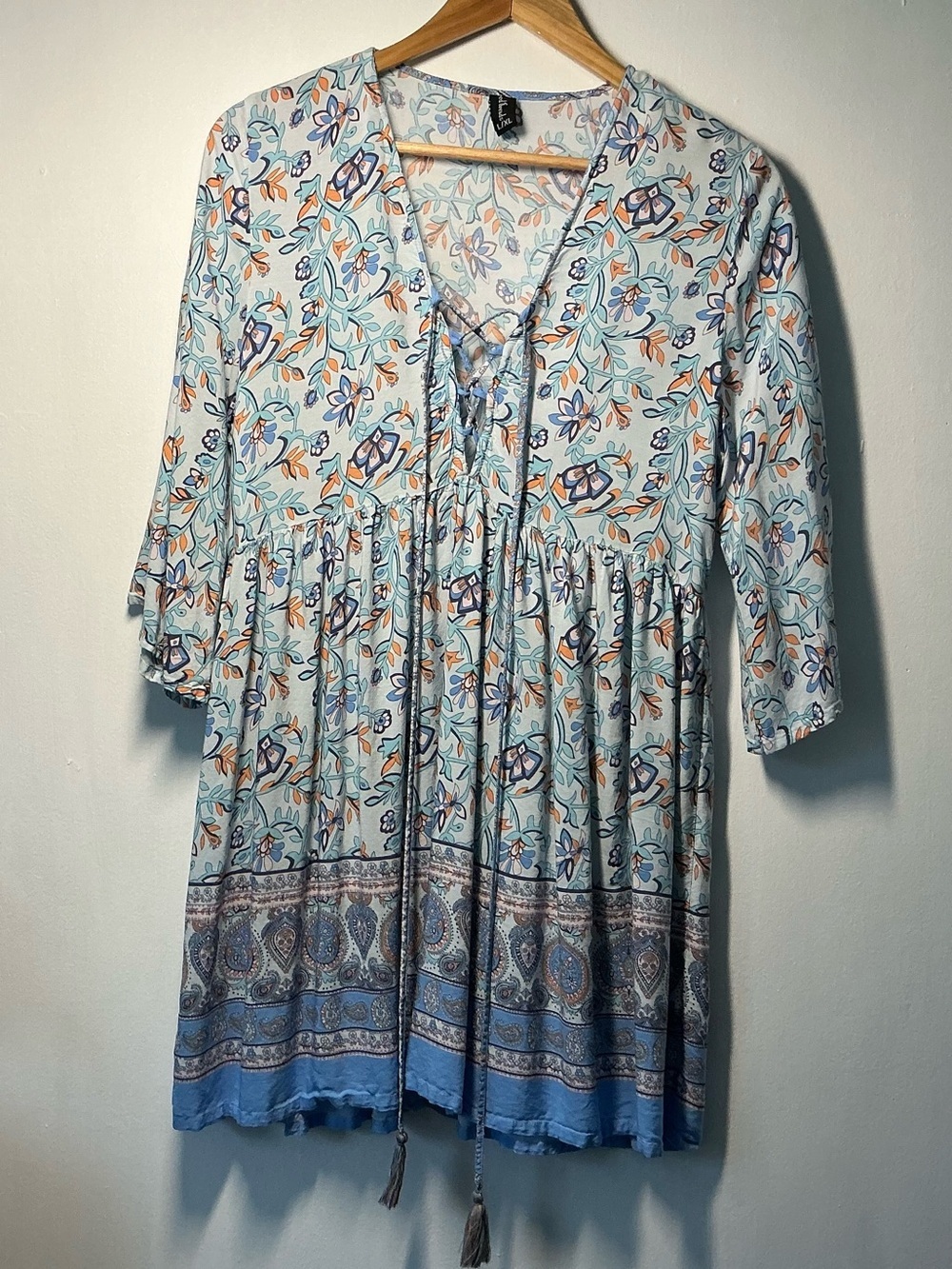 Vintage Sacred Threads Blue Boho Floral Paisley Lace-Up Tunic Top - size L/XL